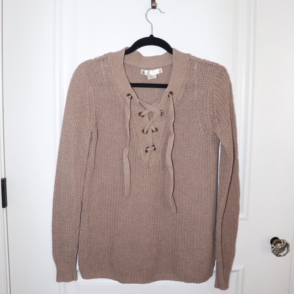 Taupe Knit Lace-Up Sweater